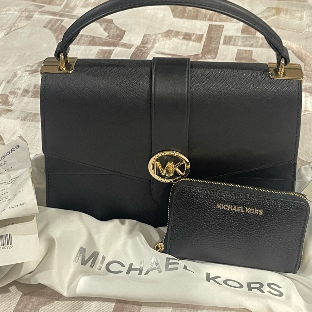 Michael Kors Black Satchel Gold Hardware Structured Design with wallet-NEW